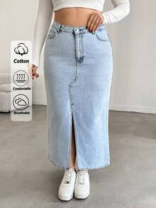 EURMUSE Plus High Waist Front Slit Denim Skirt