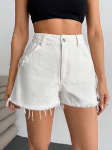 EURMUSE High Waist Ripped Slant Pocket Women Denim Short Women Summer Clothing Women Clothing Y2k - White - View 4