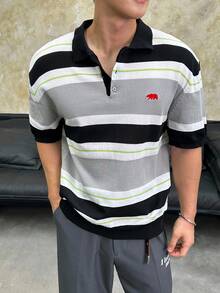 SWAVVY Men's Casual Striped Short Sleeve Polo Neck Knit Top, Spring/Summer - Dark Grey - View 4