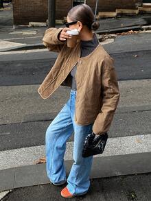 DAZY Women's Diamond Quilted Button Padded Coat Jacket Winter Leather Jacket