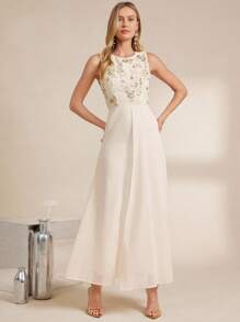 Amorya 女士圆领无袖亮片杏色和米色腰部修身雪纺优雅连体裤，适合日常穿着、聚会、派对、春夏、秋冬