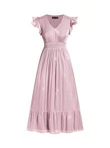 Ellevyn 女式褶皱荷叶边袖收腰闪亮优雅连衣裙，修身，适合日常穿着和聚会，春夏季 - 粉色 - 查看 4