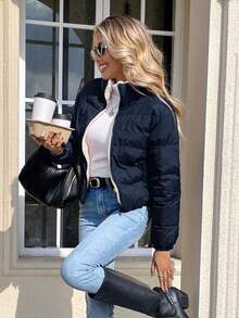 SHEIN Frenchy Women's Blue Quilted Zip-Up Short  Jacket, Winter - Navy Blue - View 5