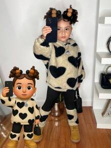 SHEIN Young Girl Young Girls Heart Print Hoodie Sweatshirt & Knit Autumn Pants 2 Piece Outfit,Fleece Long Sleeve Pullover & Leggings Set,Winter, Matching - Black - View 4