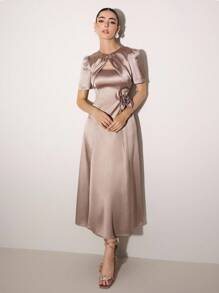 Modelyn Women's Solid Color 3D Floral Decor Elegant Mid-Length Dress