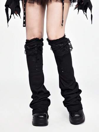 Kawaii 1 Pair Punk Style Black Lace Trim Leg Warmers, Y2K Cross Element Solid Color Flared Leg Warmers, & Slimming, Suitable For Daily, Festival, Party Outfits