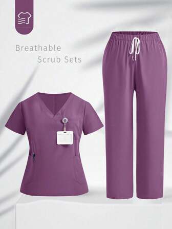 TaskEZ Plus Size Solid Color Short Sleeve Top & Pants Scrub Uniform Set