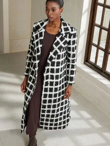 Aveloria Modichic Fashionable & Elegant Loose Plaid Woolen Coat, British Style Runway Look, Women Autumn/Winter Jacket - Black and White - View 4