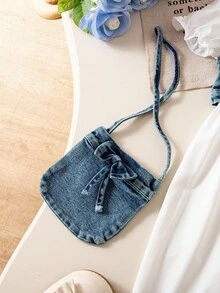 Young Girl Denim Camisole Top And Solid Color Bubble Hem Casual Dress Set With Bag - White - View 8