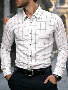 Manfinity Mode 男士白色格子常规版型衬衫，长袖设计，商务风格，男士休闲正装衬衫，男士白色格子衬衫，白色和黑色格子衬衫，男士格子正装衬衫，男士白色格子衬衫，秋季 - 白色 - 查看 3