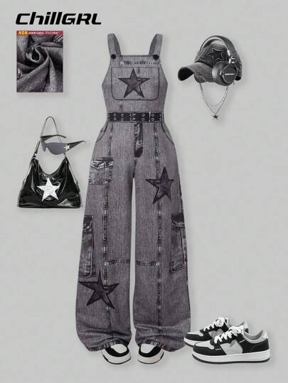 SHEIN HYPEME Kids Tween Girls' Stylish Star Print Knit Suspender Pants, Fashion Street Wear For School Season, Suitable For Spring, Summer, Autumn, Daily Wear Fall Winter