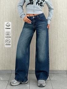 EURMUSE WOMEN CLASSIC LOW WAIST WIDELEG DARK BLUE WASH DENIM JEAN Y2K - Dark Wash - View 3