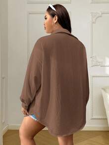SHEIN EZwear Kemeja Wanita Ukuran Besar Kasual Warna Polos Kancing Sederhana Cokelat, Pakaian Musim Gugur untuk Wanita - Coklat - View 3