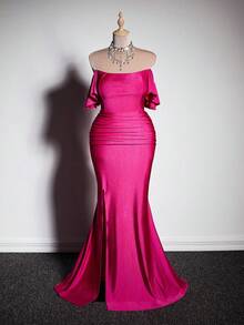Viva Relle Plus Size Women's Sexy Maxi Dress With High Slit, Ruffle Back, Elegant For Party, Wedding, Birthday, Autumn/Winter - Hot Pink - View 4
