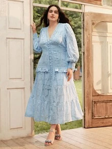 Anewsta Elegante vestido ajustado de encaje a ganchillo con cuello en V, manga larga, bajo con volantes, de talla grande para mujer, ideal para festival, salir, vacaciones