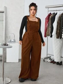 SHEIN EZwear Damen Große Größen Weite Bein Loose Lässig Latz-Jumpsuit aus Cord mit Taschen, Braune Cord-Latzhosen Damen Latzhosen Weite Beine Latzhosen - Braun - Übersicht 3