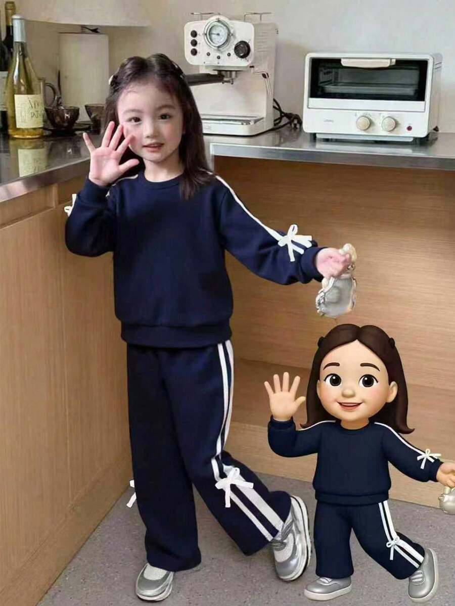 SHEIN Genkimix Kids 2 件女童春夏休闲简约蝴蝶结装饰运动衫和蝴蝶结裤子套装 - 藏蓝色 - 查看 1