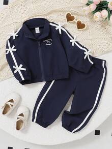 Baby Girl Casual Outfit With Bow Decor Zipper Jacket And Pants Set, Autumn Fall Winter - Navy Blue - View 1