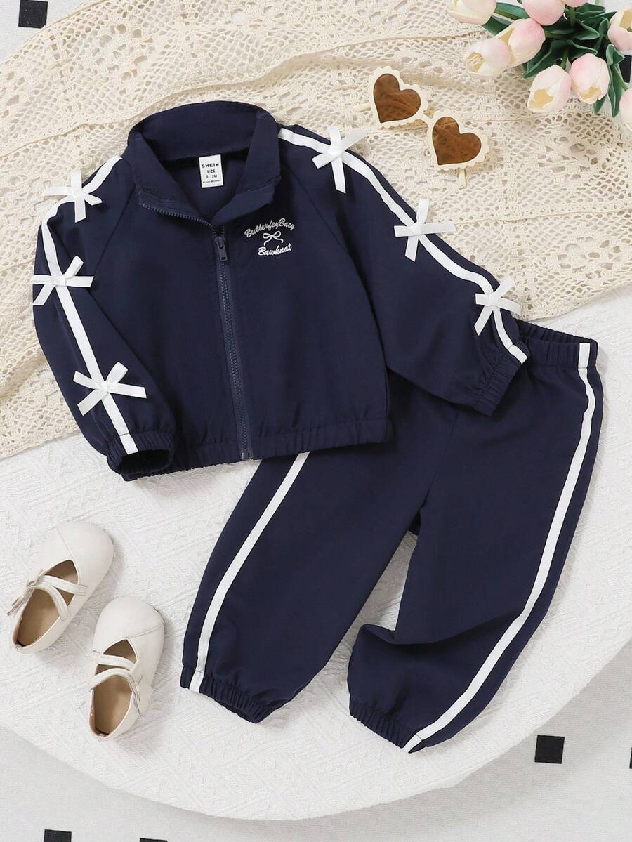 Baby Girl Casual Outfit With Bow Decor Zipper Jacket And Pants Set, Autumn Fall Winter - Navy Blue - View 1