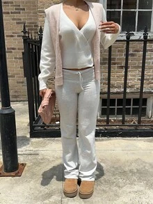 Flirla 女士V领休闲纯色长袖开衫 - 白色 - 查看 4