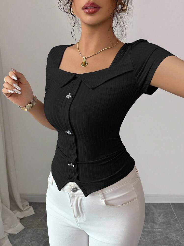 Elenzga 女式蝴蝶结装饰短袖修身休闲T恤 - 黑色 - 查看 6