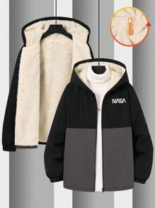 SHEIN 1 قطعة جاكيت كابوت بنمط حرفي ولون متباين مناسب للأطفال للعودة إلى المدرسة، مناسب لحفلات عيد الميلاد، الحفلات المسائية، المناسبات، الزفاف، المعمودية، حفلات الافتتاح، مناسب للاستخدام اليومي، مناسب للمدرسة، مناسب للسفر، مناسب للرياضة، مناسب للخريف والشتاء، جوث، جاكيت شتوي جوث - الأسود - مشاهدة 2