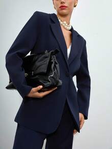 EURMUSE Conjunto de terno elegante feminino azul marinho com botões frontais e detalhes de pernas largas - Azul marinho - Ver 4