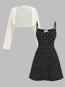 SHEIN Girlism 2 件套青少年女孩白色针织短款 T 恤和黑色花卉蝴蝶结吊带裙，休闲度假舒适，秋季