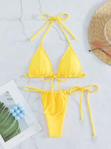 Swim Basics Summer Beach Micro Triangle Thong Bikini Set - Yellow - View 5