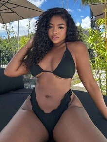 Alexandranx Bộ bikini ren cao cấp gợi cảm màu trơn cho nữ, đi nghỉ - màu đen - Xem 5