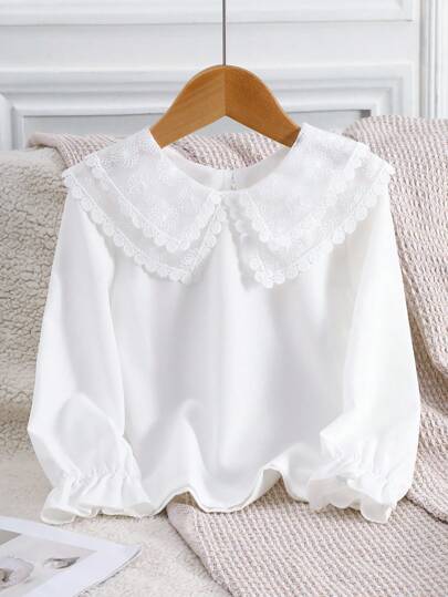 Genkimix Kids Girls' White Solid Fabric Floral Lace Mesh Patchwork Layered Collar Cuff Elastic Ruffle Hem Blouse, Suitable For Spring/Autumn Daily Wear, Outings, Vacations, Gatherings Fall Winter