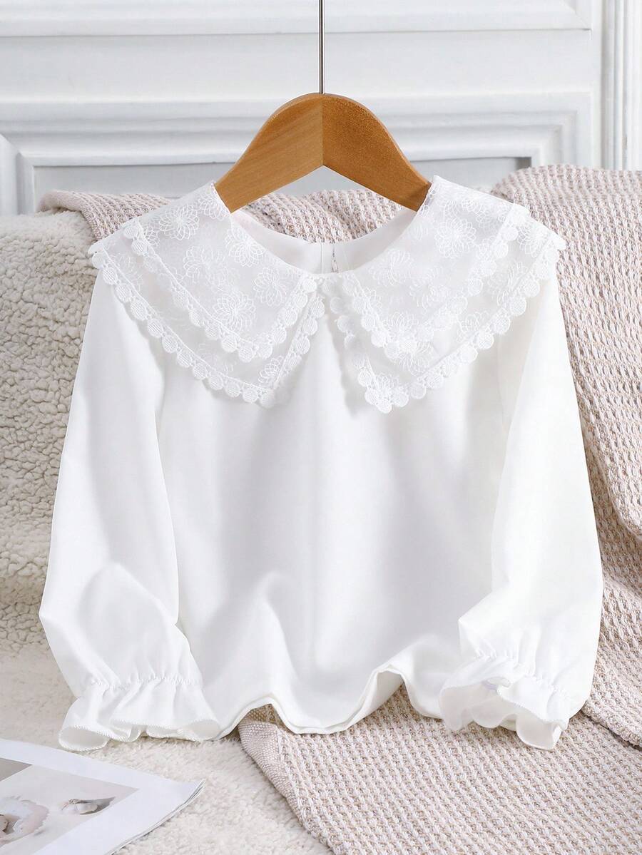 Genkimix Kids Girls' White Solid Floral Lace Mesh Patchwork Layered Collar Cuff Elastic Ruffle Hem Blouse,Outings - White - View 1