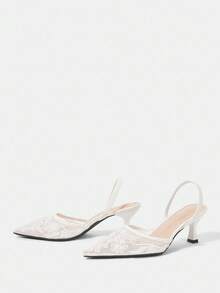 CUCCOO HITCHD 女士刺绣蕾丝串珠花卉尖头细高跟鞋中跟优雅迷人甜美浪漫白色网眼高跟鞋，新娘鞋，正式礼服鞋，时尚派对穿着，适合婚礼、圣诞节、感恩节、生日、情人节 - 白色 - 查看 9