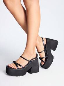 Sugerpunk Sandalias de mujer con tira de tobillo y punta cuadrada con suela gruesa, estilo punk veraniego gótico oscuro con cruce y lazo, tacón alto grueso, punta abierta, zapatos de mujer casuales, transpirables y cómodos para ir a trabajar, fiestas y reuniones - Negro - Ver 5