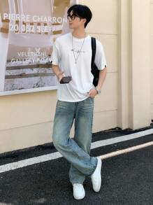 Mirajuku Teen Boy Letter Print Round Neck T-Shirt, Suitable For Casual And Commute - White - View 3