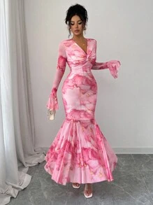 Elenzga 秋季新款法式休闲扎染金边印花网纱V领扭结喇叭袖高端优雅修身腰部拼接女长袖连衣裙，适合秋季日常穿着和独立日 - 彩色 - 查看 7