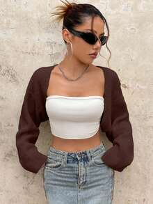 EURMUSE Y2K Grunge 落肩前开襟短款开衫（不含抹胸） - 棕色 - 查看 11