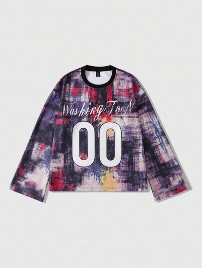 Street Life Men's Distressed Graffiti Print Long Sleeve T-Shirt, Loose Cropped Fit , Fall