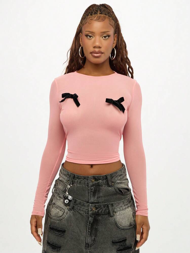 SUMWON WOMEN Ribbed Knit Crop Top With Bow Details