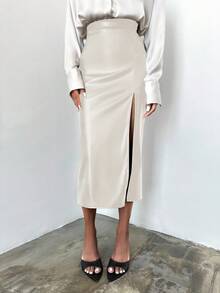 EURMUSE High Waist Split Thigh PU Skirt - Beige - View 4