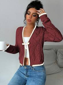 Chiquease Pullover Rajut Lengan Panjang Bertekstur Berlian Serbaguna Gaya Kasual Prancis untuk Musim Gugur dan Musim Dingin untuk Wanita - Burgundy - View 4