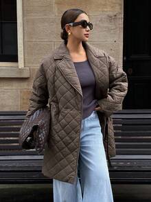 DAZY 女士宽松菱形图案腰带长袖休闲复古厚棉服外套，秋冬夹克 - 棕色 - 查看 4