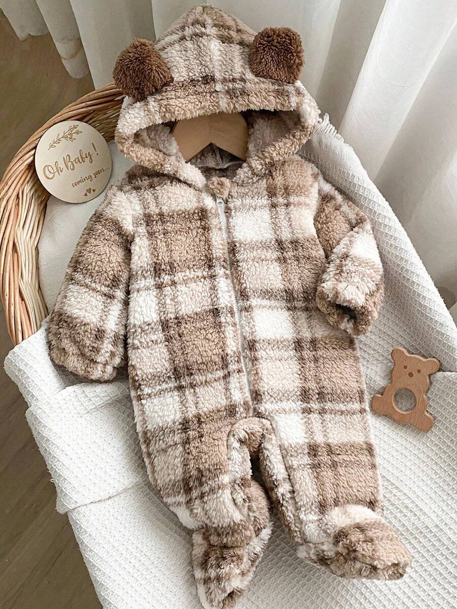 Newborn Hooded Romper, Plush Fleece Lined, Classic Retro Brown Plaid Pattern, Cute Ear Design, Zipper Closure, Long Sleeve Footie Pajamas, Infant Unisex Autumn/Winter Outfit Fall