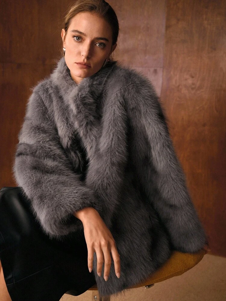 STANDER COLLAR FAUX FUR COAT, FALL WINTER