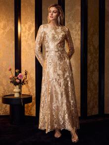 MOTF PREMIUM VESTIDO BORDADO CON CINTURÓN - Dorado - Ver 6