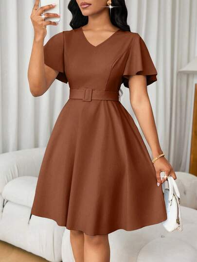 Lunelith SHEIN Lunessa Women's V-Neck Ruffle Short Boots, Elegant Solid Color A-Line Dress