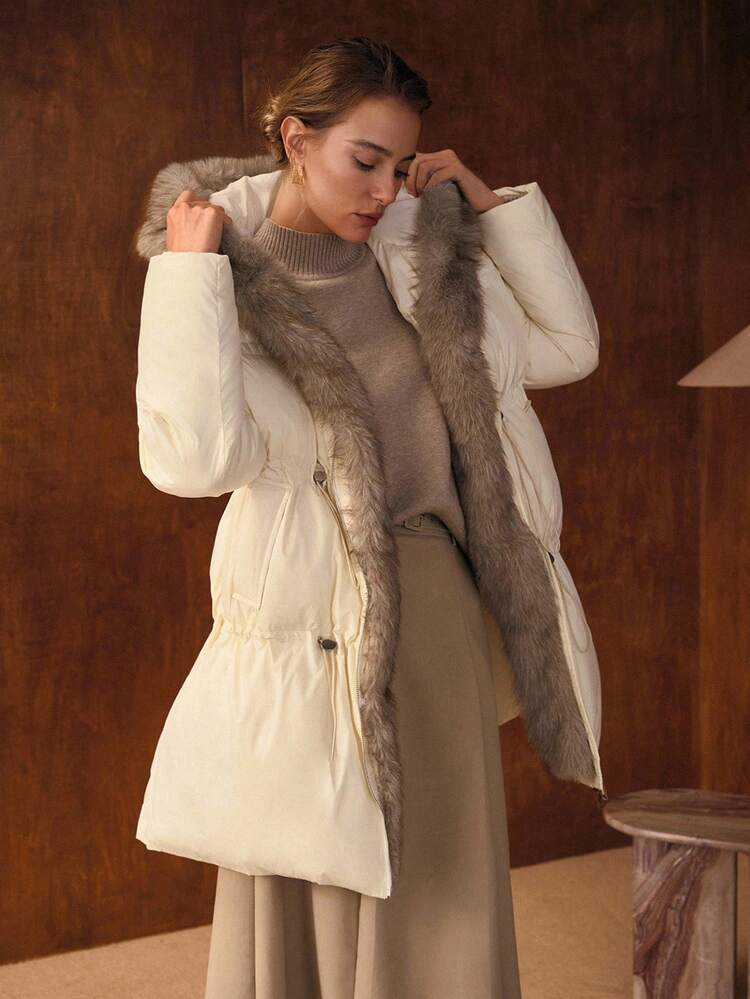 WOMEN'S LONG SLEEVE CONTRAST FURRY HOODED PADDED COAT, AUTUMN/WINTER