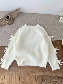 SHEIN Lässiger Rundhals-Strickpullover mit langen Ärmeln und Schleife für junge Kleine Mädchen, Langarmpullover, geeignet für den Schulanfang, zu Hause, beim Sport, in der Freizeit, auf Partys, warm und bequem für Herbst/Winter. Kinderpullover mit Schleife, Pullover mit Schleifen, weißer Pullover für Kinder, weißer Kinderpullover, Pullover mit Schleifenärmeln