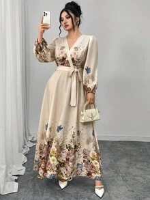 Modelyn Đầm dài họa tiết hoa thanh lịch cỡ lớn, thích hợp để đi làm - Màu be - Xem 6