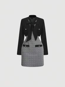 SHEIN MOD 优雅休闲通勤套装连衣裙和夹克，秋季两件套，秋季女式夹克，商务休闲女装，正式礼服，性感办公室女式两件套，老式教师装 - 黑與白 - 查看 4